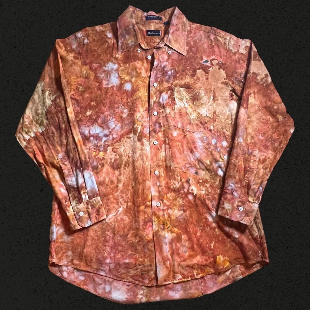 Men’s Large Long Sleeve Button Down Tie Dye Shirt Orange Red Festival Rave